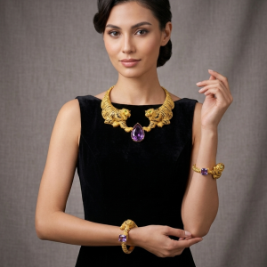 Sculpted Gold Tiger Collar Necklace with Amethyst Drop Pendant