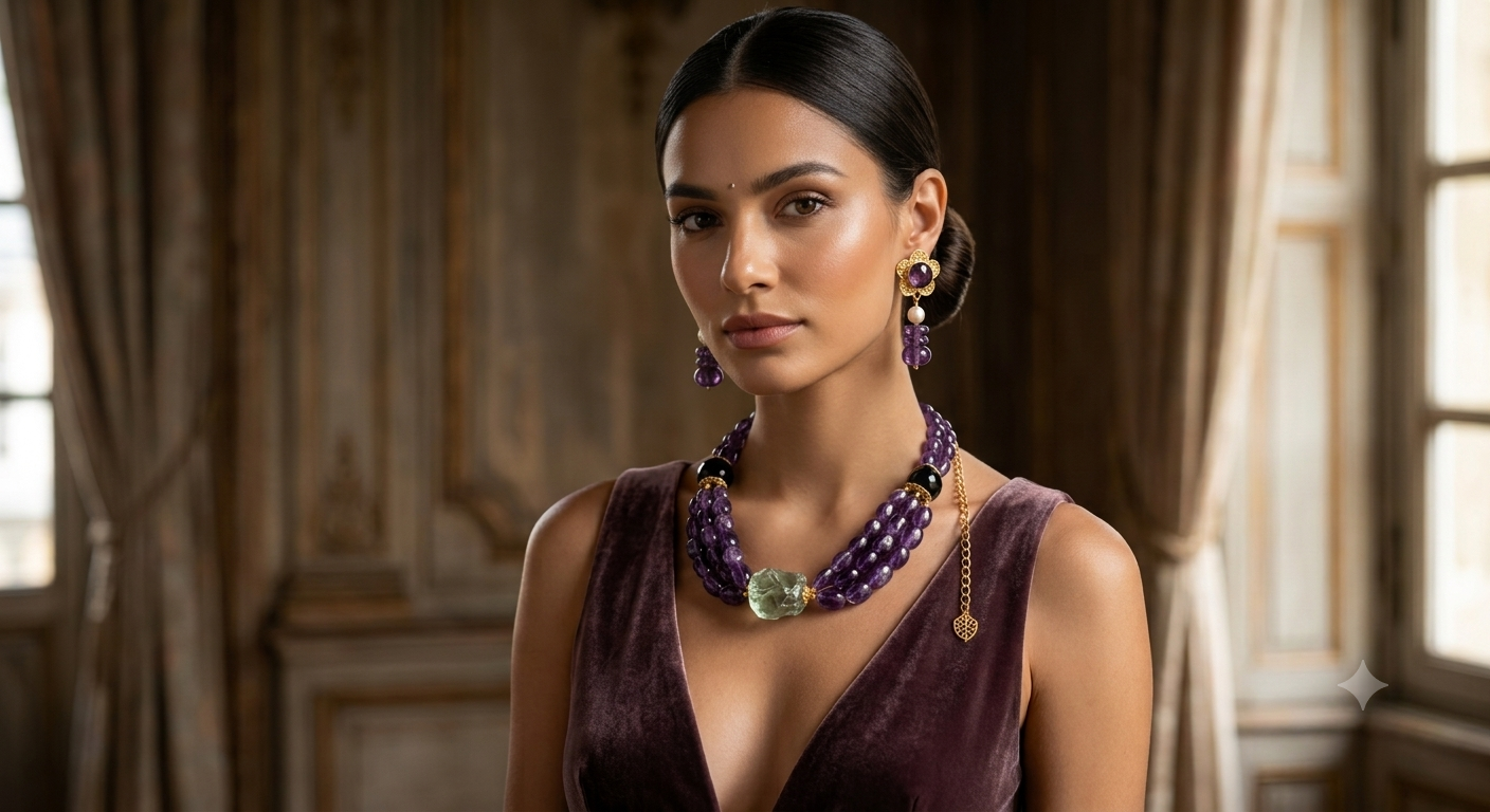 Triple-Layer Amethyst Bead Necklace with Sage Green Crystal Centerpiece - Image 3