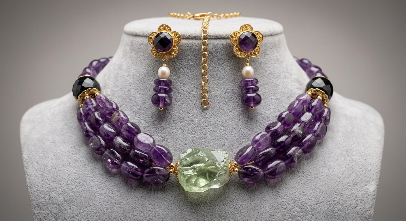 Triple-Layer Amethyst Bead Necklace with Sage Green Crystal Centerpiece - Image 2
