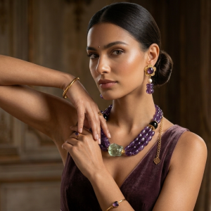 Triple-Layer Amethyst Bead Necklace with Sage Green Crystal Centerpiece