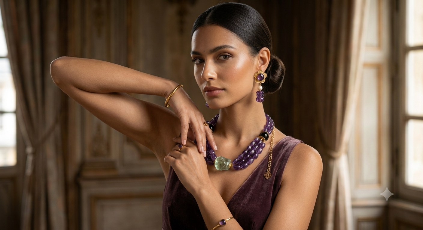 Triple-Layer Amethyst Bead Necklace with Sage Green Crystal Centerpiece