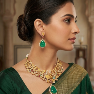 Traditional Kundan & Teardrop Emerald Statement Necklace Set