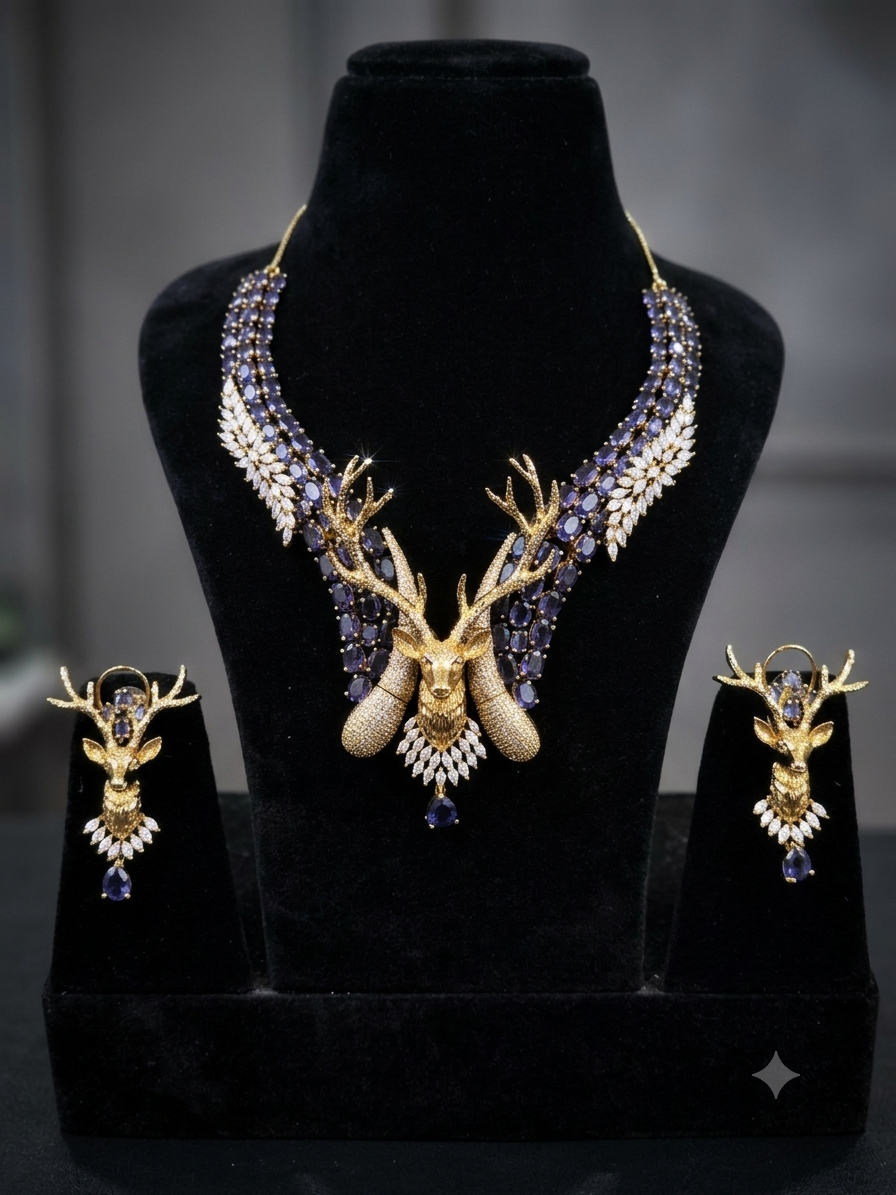 Sculpted Gold Deer Antler Necklace with Purple Bead Mesh - Image 2